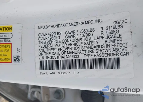 2020 Honda Accord Lx from USA, damaged, VIN 1HGCV1F14LA097823